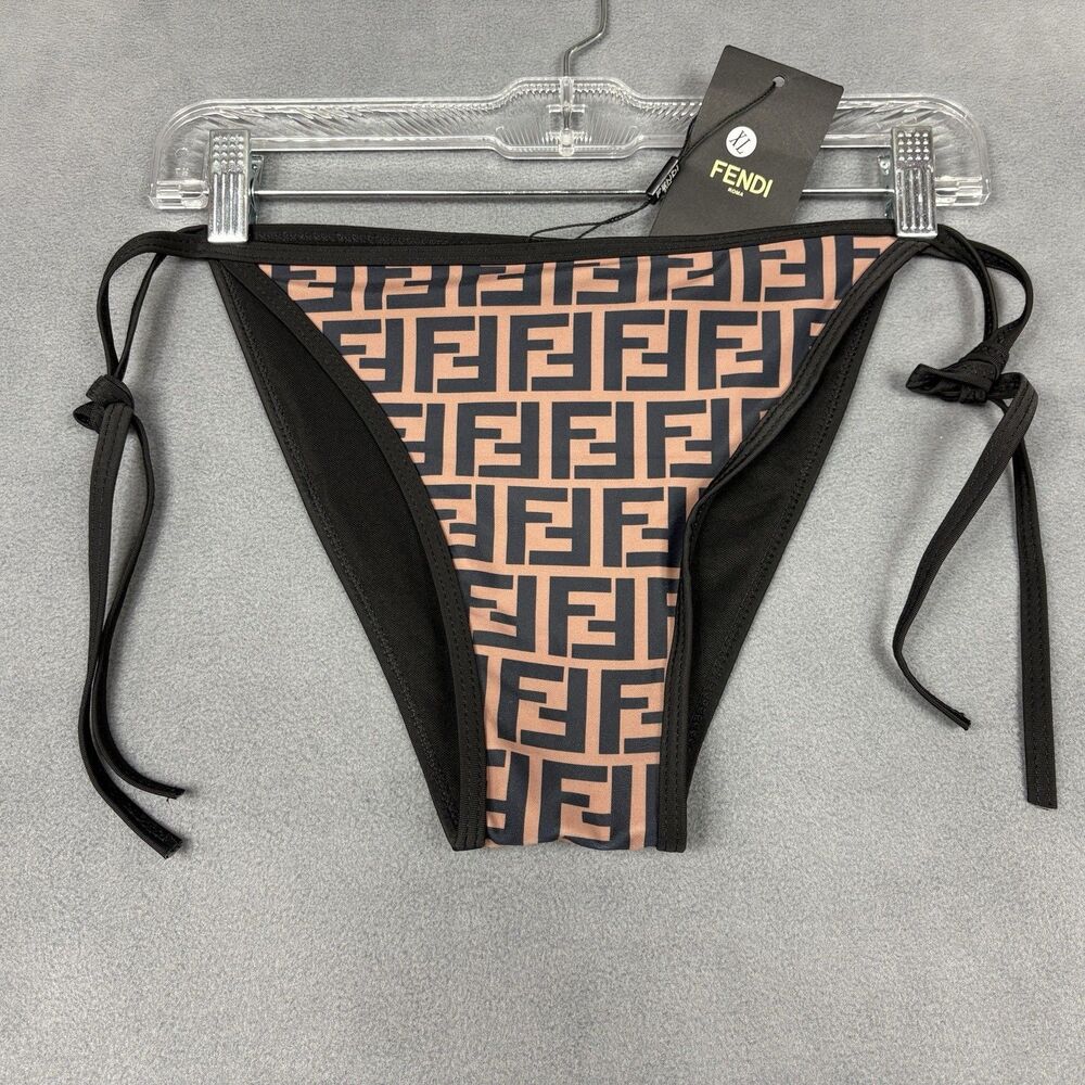 NEW Fendi Roma Bikini Bottom Size XL Brown Black Logo Print Tie Side Swim Bottom